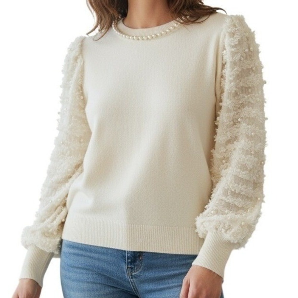 SIONI MILANO Ivory Knit Pearl Embellished‎ Fringe Long Sleeve Sweater NWT Small